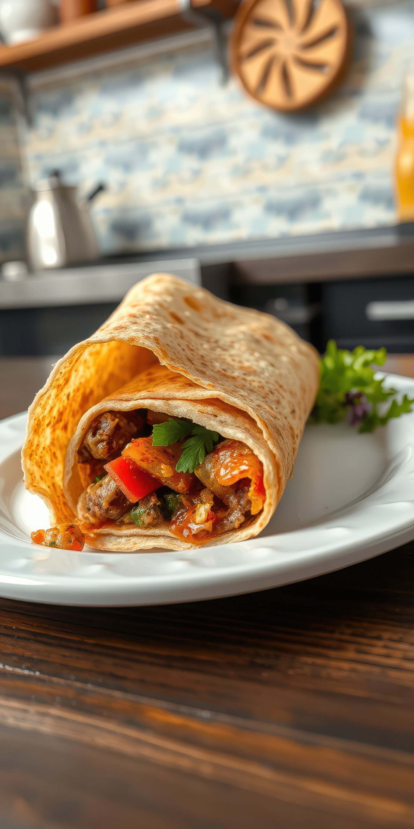 Delicious wrap filled with seasoned vegetables and spices served on a white plate in a cozy kitchen